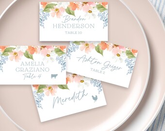 Blue, pink and coral floral printed place cards, folded or flat guest escort cards for colorful wedding, 95K