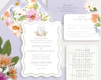 Wavy Edge Wedding Invitation: Lavender Watercolor Floral Suite