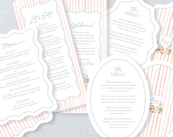 Soft coral and ight blue printed wedding menus with floral crest, 95K