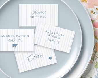 Blue striped printed place cards, folded or flat guest escort cards for preppy light blue wedding, 119B
