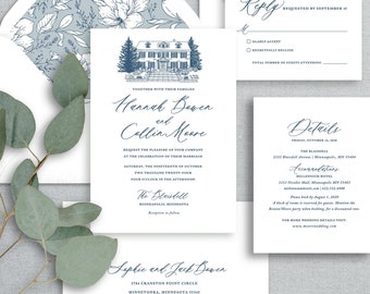 custom venue sketch wedding invitation, classic wedding venue drawing, printed invitations with venue drawing, dusty blue invitation set