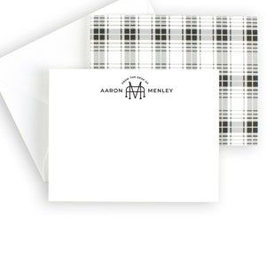 Personalized plaid notecard set, monogram stationery, mens custom stationery, black and white plaid stationery image 1