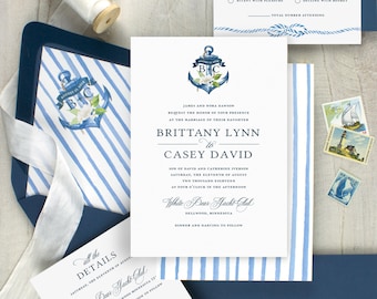 Nautical Wedding Invitation Set: Navy Anchor, Floral Accents
