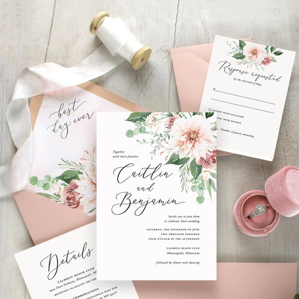 blush floral wedding invitations, pink watercolor floral invitation suite, boho chic wedding, dusty rose, pink dahlia, printed invitations