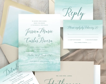 beach wedding invitations, destination wedding invitations, watercolor invitations, aqua wedding, tropical wedding, printed invitations