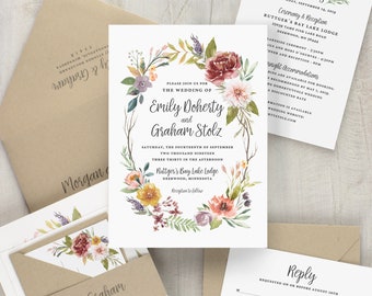 Rustic floral wedding invitations, boho wedding, wildflower, barn wedding invitation set, woodland wedding, country wedding invitations