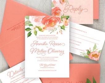 coral wedding invitations, boho floral wedding invitation set, watercolor floral invitation suite, coral pink, printed wedding invitations