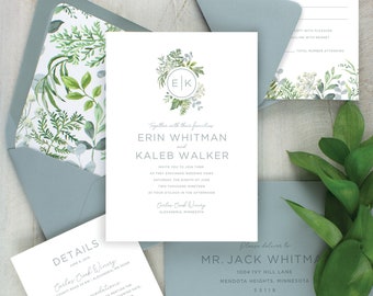 Botanical wedding invitations, dusty blue wedding invitations, greenery wedding invitations, modern wedding invitations, printed invitations