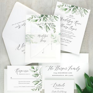 greenery wedding invitations, simple greenery, watercolor boho wedding invitation, woodland, neutral wedding invitation, printed invitations image 1