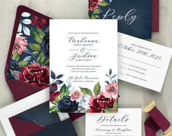 Navy floral wedding invitations, burgundy and navy wedding, navy blue, boho wedding, winter wedding, fall wedding, printed invitations