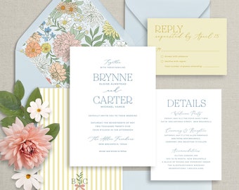modern floral wedding invitations, light blue invitation suite for pastel garden wedding, pale blue envelopes, printed invitations