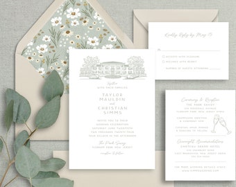 sage green custom venue drawing, neutral wedding invitation with sand envelopes, pale green wedding invitation suite, printed invitation set