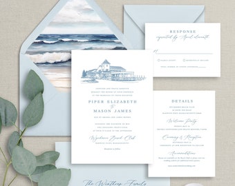 beach venue sketch wedding invitation, light blue wedding invitation with custom drawing, coastal wedding printed invitation set