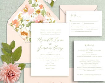 peachy floral wedding invitations, classic invitation suite for pastel wedding, garden wedding, peachy pink envelopes, printed invitations