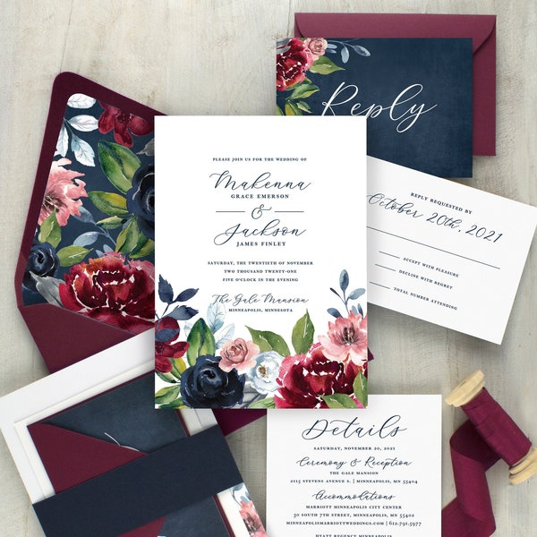 Navy floral wedding invitations, burgundy and navy wedding, navy blue, boho wedding, winter wedding, fall wedding, printed invitations