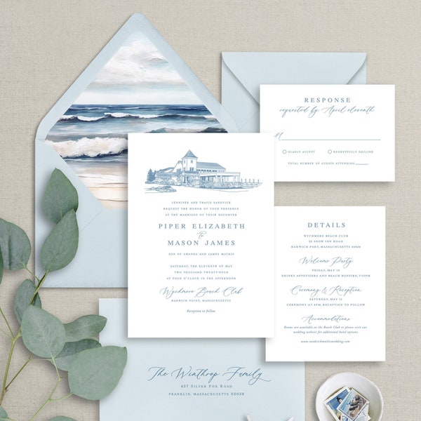 beach venue sketch wedding invitation, light blue wedding invitation with custom drawing, coastal wedding printed invitation set