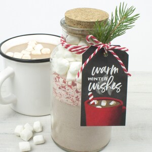 May include: A glass jar filled with hot chocolate mix, marshmallows, and crushed peppermint, topped with a cork and a tag that reads "warm winter wishes." A white mug with hot chocolate and marshmallows sits nearby.