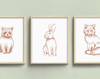 woodland animal art prints, animal nursery art, sketched animal drawing, choose your color, set of three unframed wall art prints
