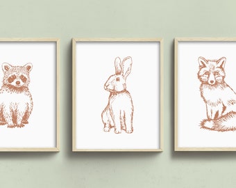Láminas de animales del bosque, arte infantil, dibujo de animales, elige tu color, juego de tres láminas giclée sin marco.