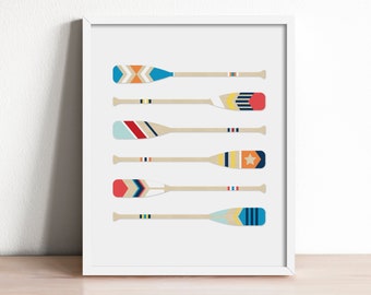boat paddle art print, nautical art print, coastal wall art, cabin art, coastal decor, painted oars wall art, unframed giclee art print