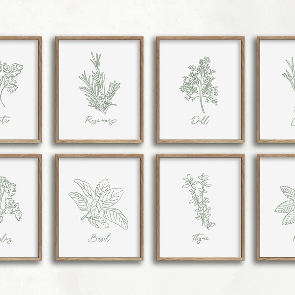 green and white herb art print set, kitchen art, kitchen decor, dining room art, botanical print, herb illustrations, farmhouse art print