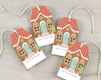 gingerbread house gift tags, holiday gift baked goods, holiday tags, christmas gift wrapping tags, set of 12 printed tags, ready to ship