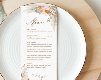 printed boho pampas grass wedding menus, autumn desert wedding menus, dinner menus with sage and terracotta and neutral earthtones