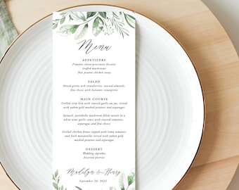 printed wedding menu with watercolor greenery, rustic wedding menus, dinner menu, watercolor foliage, wedding menus with botanical greenery