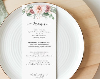 printed blush floral wedding menus, pink watercolor floral wedding menus, dinner menus with pink dahlia, dusty rose florals and greenery