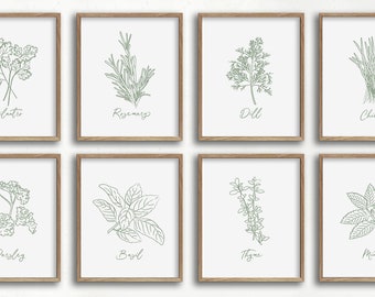 green and white herb art print set, kitchen art, kitchen decor, dining room art, botanical print, herb illustrations, farmhouse art print