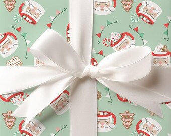 vintage santa mug christmas wrapping paper, retro santa holiday gift wrap, christmas cookies and cocoa premium gift wrap sheets