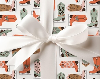 cowboy boot ice skate christmas wrapping paper sheets, retro cowgirl holiday gift wrap, premium gift wrap sheets for western christmas