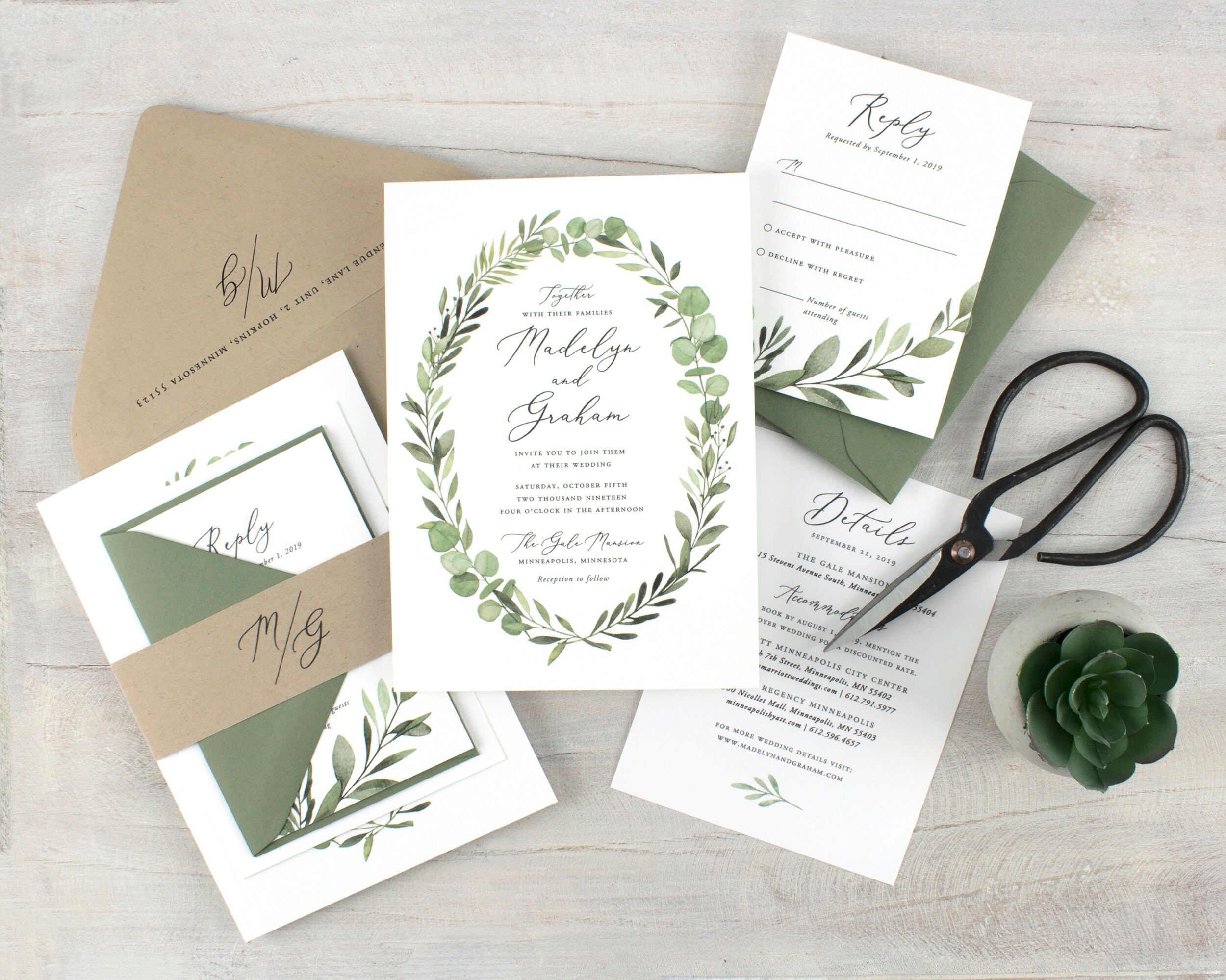 Rustic wedding invitation green botanical wedding invite | Etsy