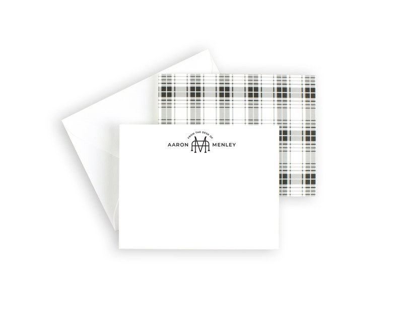 Personalized plaid notecard set, monogram stationery, mens custom stationery, black and white plaid stationery image 1