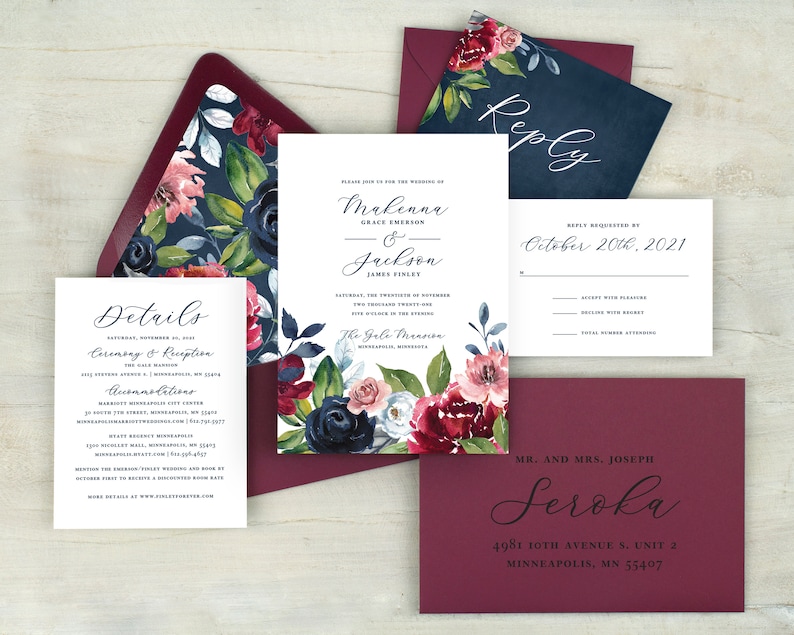 Navy floral wedding invitations, burgundy and navy wedding, navy blue, boho wedding, winter wedding, fall wedding, printed invitations image 5