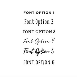 May include: Six different font options for text, displayed in black on a white background. The options include a sans-serif font, a serif font, and four different cursive fonts.