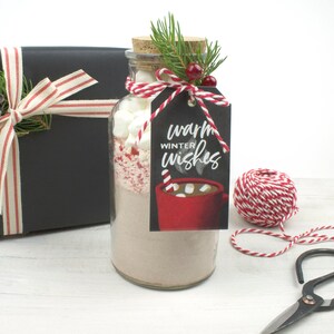 May include: A glass jar filled with hot chocolate mix, marshmallows, and peppermint pieces, topped with a cork and greenery. A black tag with "warm winter wishes" and a red mug graphic hangs from the jar. A wrapped gift and twine are also in the image.