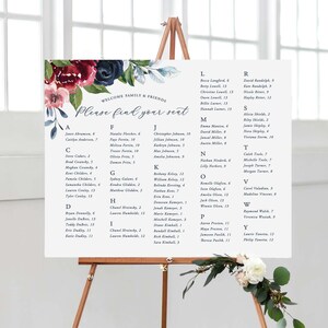 PRINTED wedding seating chart with navy and burgundy florals, custom wedding table seating sign mounted on foam core for navy floral wedding image 6