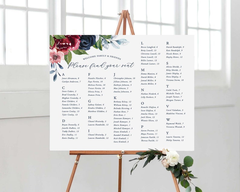 PRINTED wedding seating chart with navy and burgundy florals, custom wedding table seating sign mounted on foam core for navy floral wedding image 6