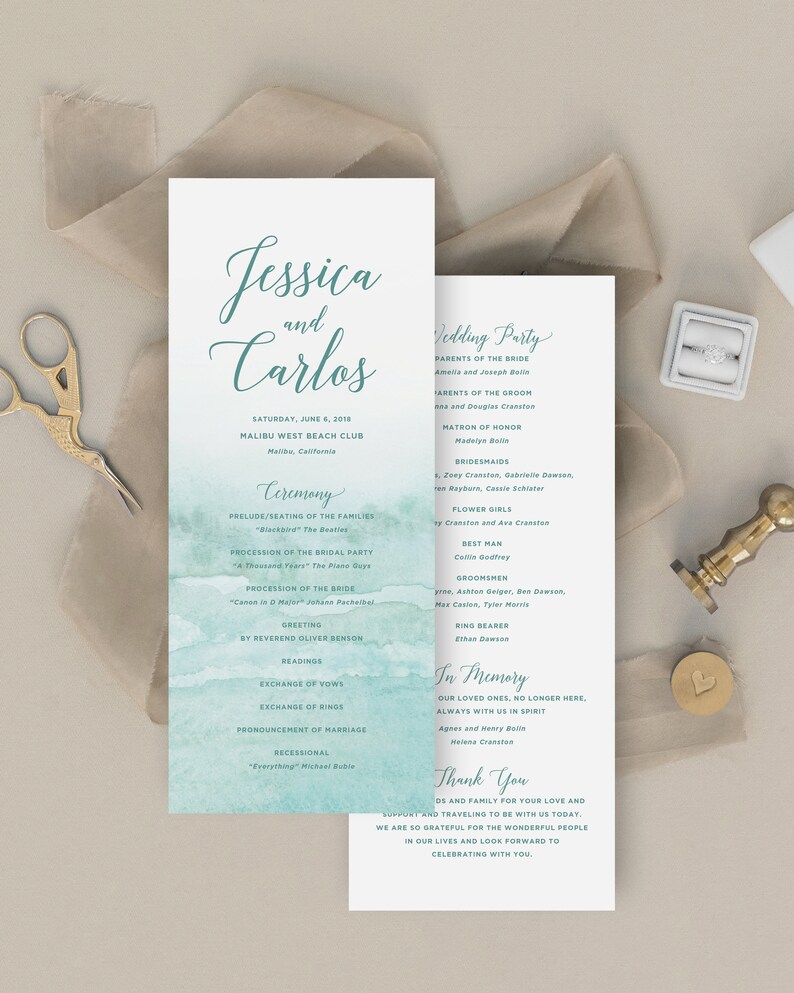 beach wedding program destination wedding programs aqua watercolor printed wedding ceremony programs order of service