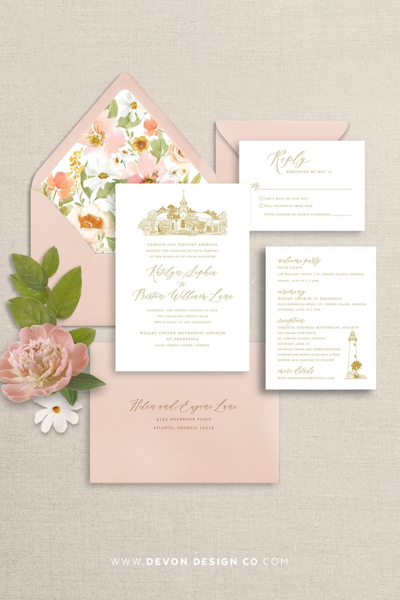 pink floral venue sketch wedding invitation, venue drawing invitation, custom drawn wedding illustration, blush pink printed invitation set