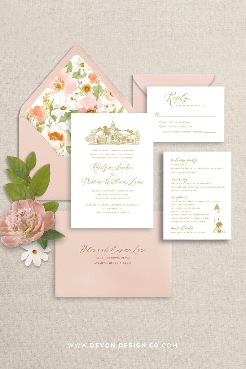 May include: Wedding invitation suite in a gold and white colour scheme. The invitation features a sketch of a church with the text "Krtilyn Sophia to Preston William Line" and the date "Saturday, the twenty-second of June, two thousand twenty-three" in gold script. The RSVP card features a lighthouse with the text "Coastal Georgia Historical Society" in gold script.