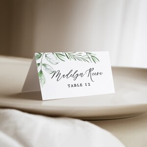 printed wedding place cards with greenery, wedding name cards, wedding escort cards with watercolor foliage, botanical folded seating cards