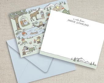 woodland animal flat notecard set, cute camp stationery for kids, woodland nursery notecards, personalized book lover stationery for kids