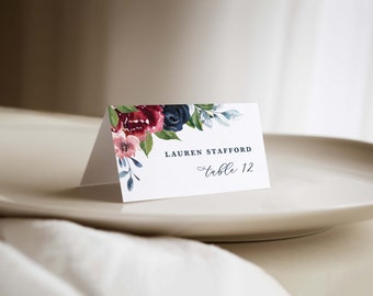 printed navy and burgundy floral wedding place cards, wedding name cards, folded escort cards with deep florals in navy blue and burgundy