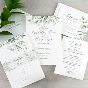 greenery wedding invitations, simple greenery, watercolor boho wedding invitation, woodland, neutral wedding invitation, printed invitations image 3