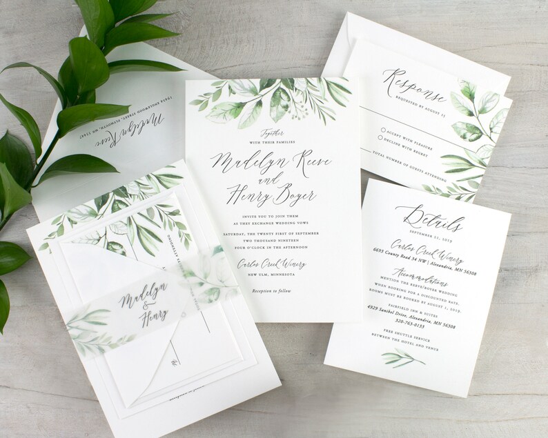 greenery wedding invitations, simple greenery, watercolor boho wedding invitation, woodland, neutral wedding invitation, printed invitations image 3