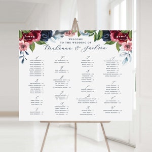 PRINTED wedding seating chart with navy and burgundy florals, custom wedding table seating sign mounted on foam core for navy floral wedding image 3