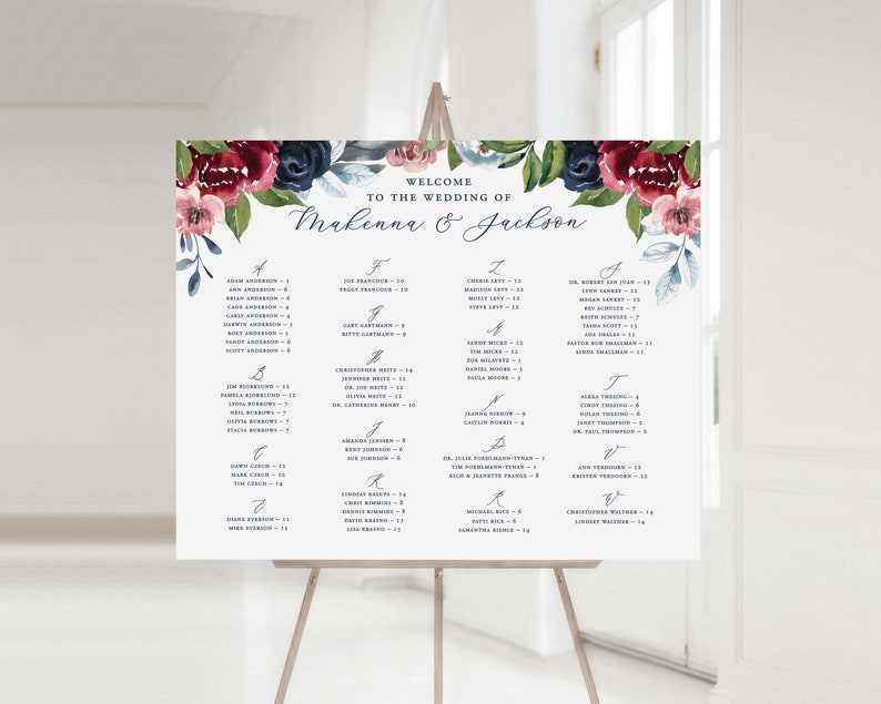 PRINTED wedding seating chart with navy and burgundy florals, custom wedding table seating sign mounted on foam core for navy floral wedding image 3