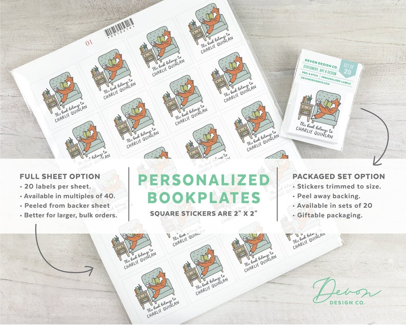 Fox reading book labels, 2 inch childrens custom bookplate stickers, set of 20, book club gift, gift for book lover, gift for teacher image 2